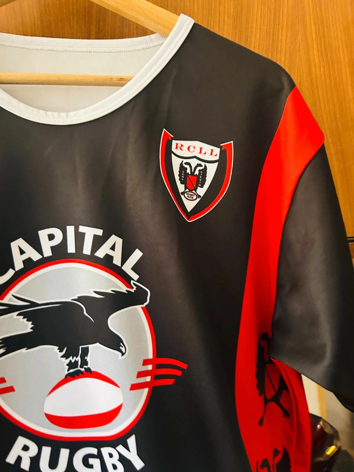 T-shirt maillot Capital Rugby Duarig vintage rouge noir L 11 RCLL Lens Liévin RC aigle – photo 3